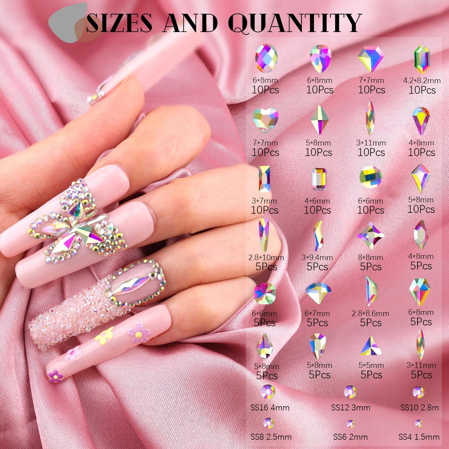 1680Pcs AB Glass Nail Rhinestones 180Pcs Multi Shapes Flatback Nail Gems + 1500Pcs 1.5-4mm Round Crystal, Manicure Nail Charms Diamond Gemstones for Acrylic Nails Decoration