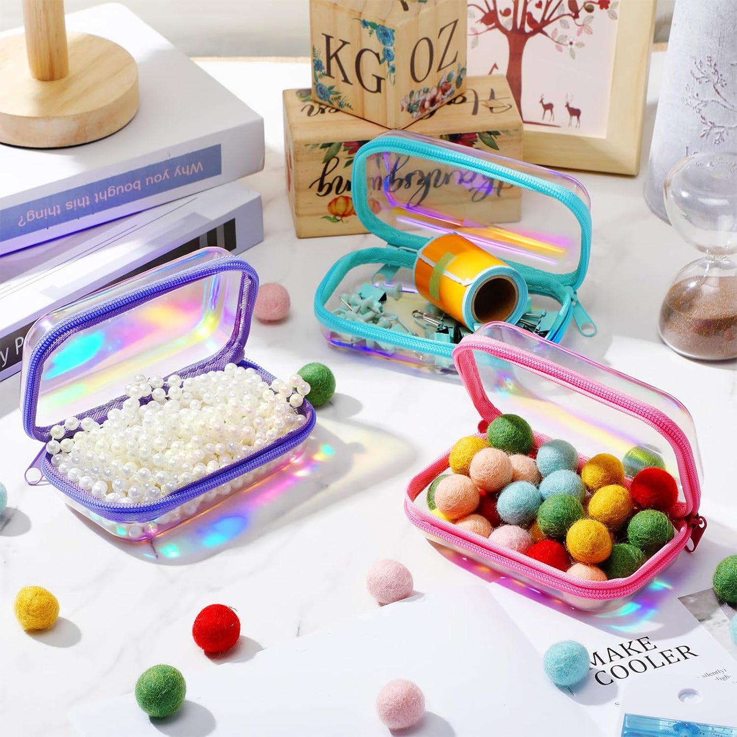 Hoolerry 3 Pcs Clear Hard Zipper Case Plastic Pouch Transparent Hard Case Clear Makeup Bag Portable Travel Organizer Bin for Cosmetics, Building Blocks, Puzzles(Laser,Xs)