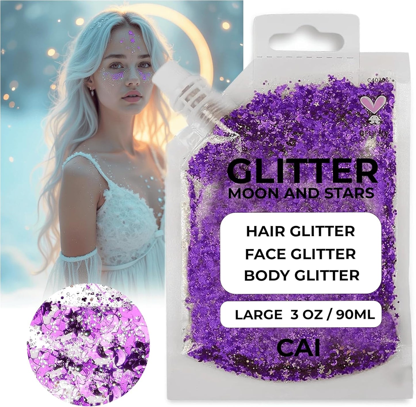Face, Body & Hair Glitter Gel – Halloween Glitter for Kids and Women – 3 Oz Cosmetic-Grade Gel w/Moon & Stars for Festivals & Halloween Party, Easy Apply & Wash Off - Violet 1Pack