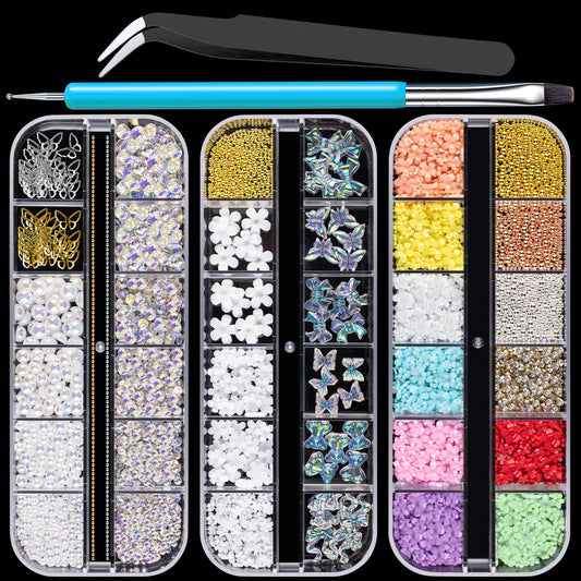 Mixed 3D Nail Art Gem Decoration Accessories Kit #2, Aurora Bear Bow Butterfly Starry AB Rhinestone Charm Jewelry for Deco, Pearl Flower Caviar Bead Stone Crystal with Dual-End Brush and Tweezer