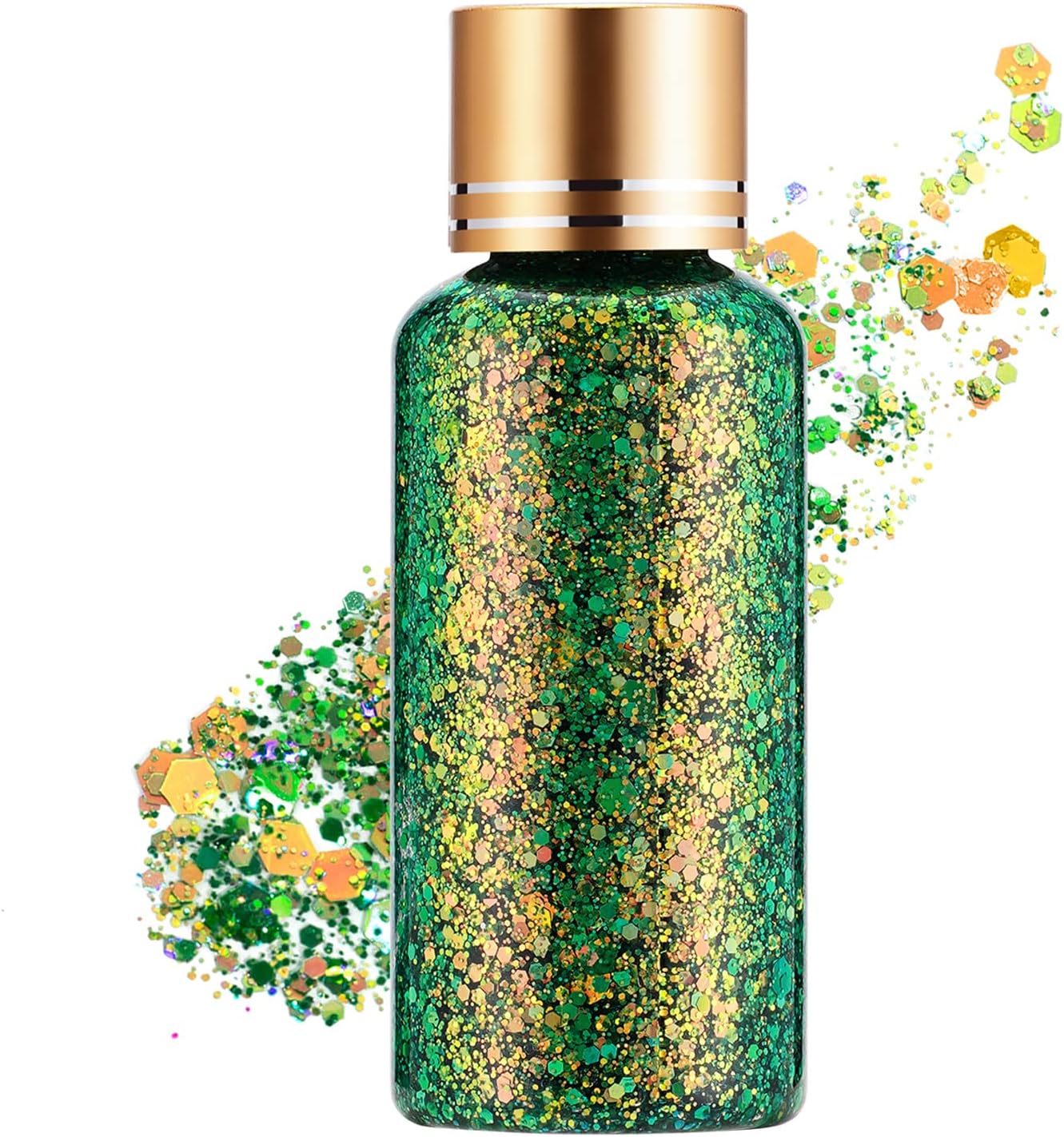 Green Gold Face Body Hair Glitter Gel for St. Patrick's Day Mardi Gras Festival Rave Accessories, Long Lasting Holographic Chunky Mermaid Sequins Glitter Gel Makeup for Women Men Kids, 1oz