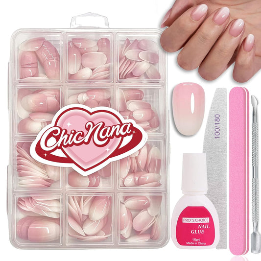 Ombre Press On Nails - 240Pcs Short Round Press on Nails, White Nail Tips Pink White Gradient Soft Gel False Nail Tips Salon Perfect Fake Nails Kit Extensions DIY (Short Oval)