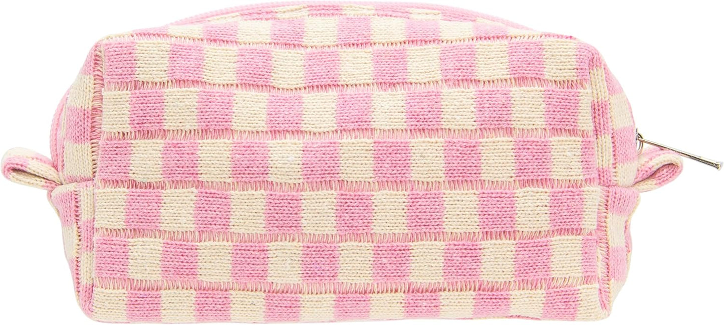 PAZIMIIK Checkered Makeup Bag for Purse Portable Zipper Make Up Pouch Small Cosmetic Case for Travel Accessories Pink Beige