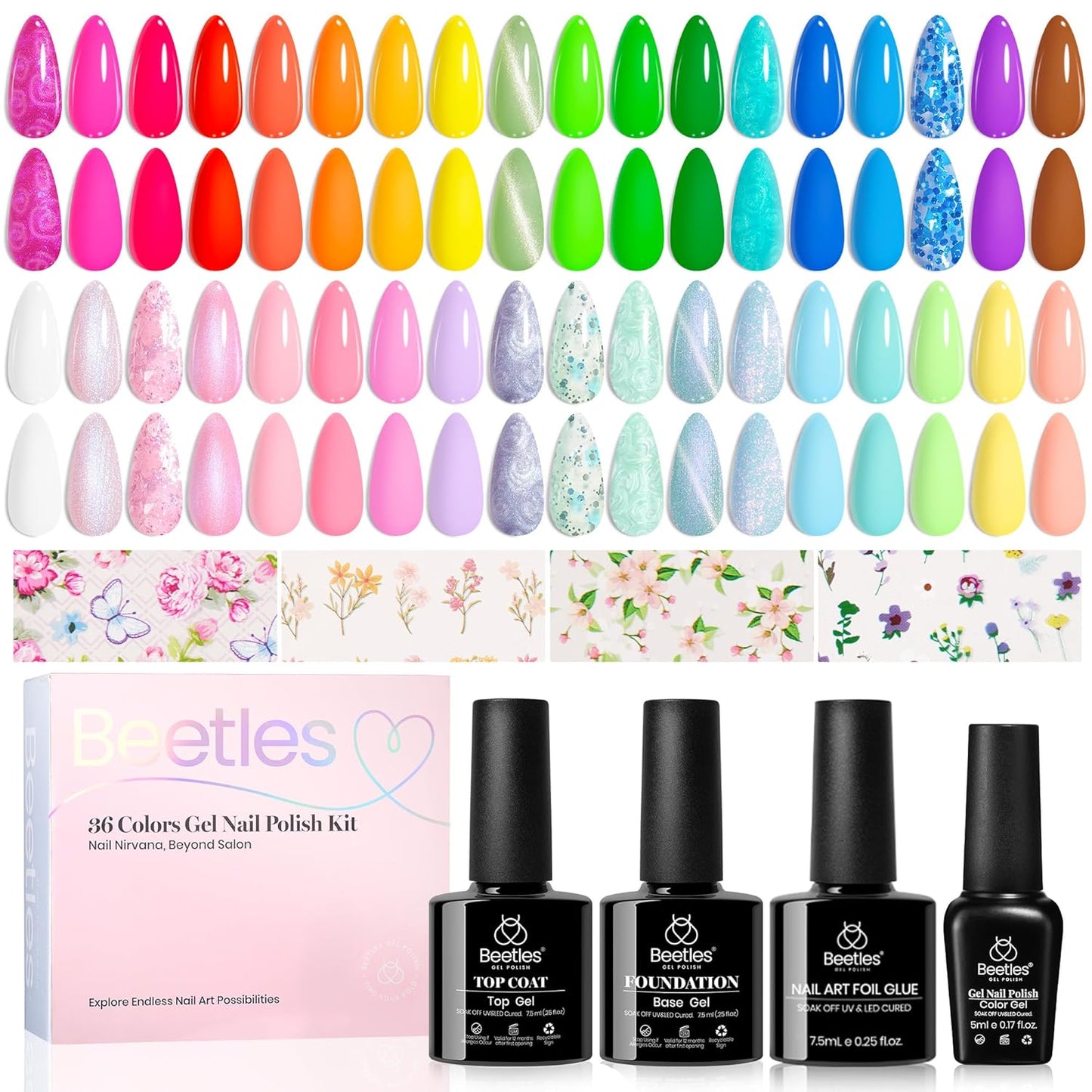 Beetles Gel Polish Kit, 36 colors Neon Gel Polish Blue Green Glitter Nail Polish with Nail Art Foil Glue Base Coat Glossy Top Coat Impressionist Garden DIY Salon Nail Manicure Kit Gifts