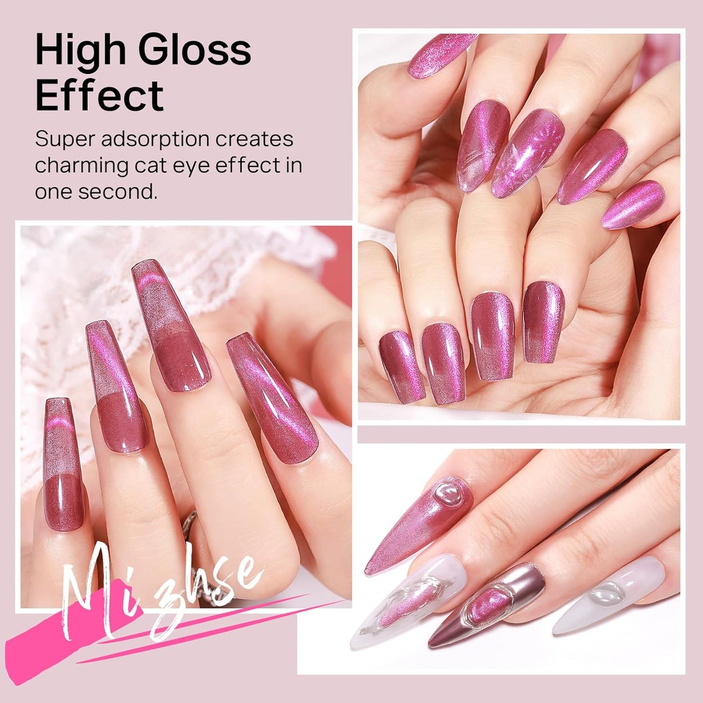 MIZHSE Quick Dry Cat Eye Nail Polish, Shimmery Pink Magnetic Nail Polish with Magnet, Air Drying Fast 15ml Plum Sauce Color Cateye Nail Lacquer for Women Girls Non-Gel Nail Art Manicure DIY Home