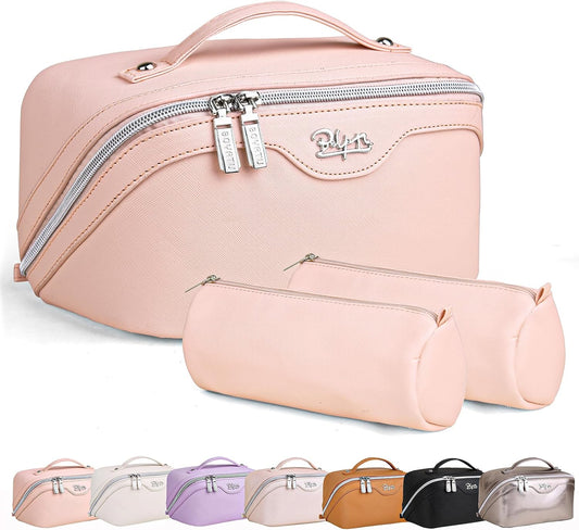 BOYATU Travel Makeup Bags for Women: Vegan Leather Cosmetic Bag Set of 3 - Large Capacity Make up Bag with Divider - Wide Open Waterproof Toiletry Organizer Bag with Handle (05-Pink)