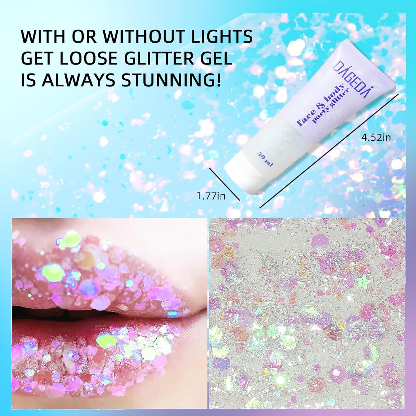 DAGEDA Body Glitter Gel, Face Glitter Body Gel Sequins Shimmer Liquid Eyeshadow, Chunky Glitter for Face Hair Nails, Holographic Cosmetic Laser Powder Festival Glitter Makeup 50ml(White)