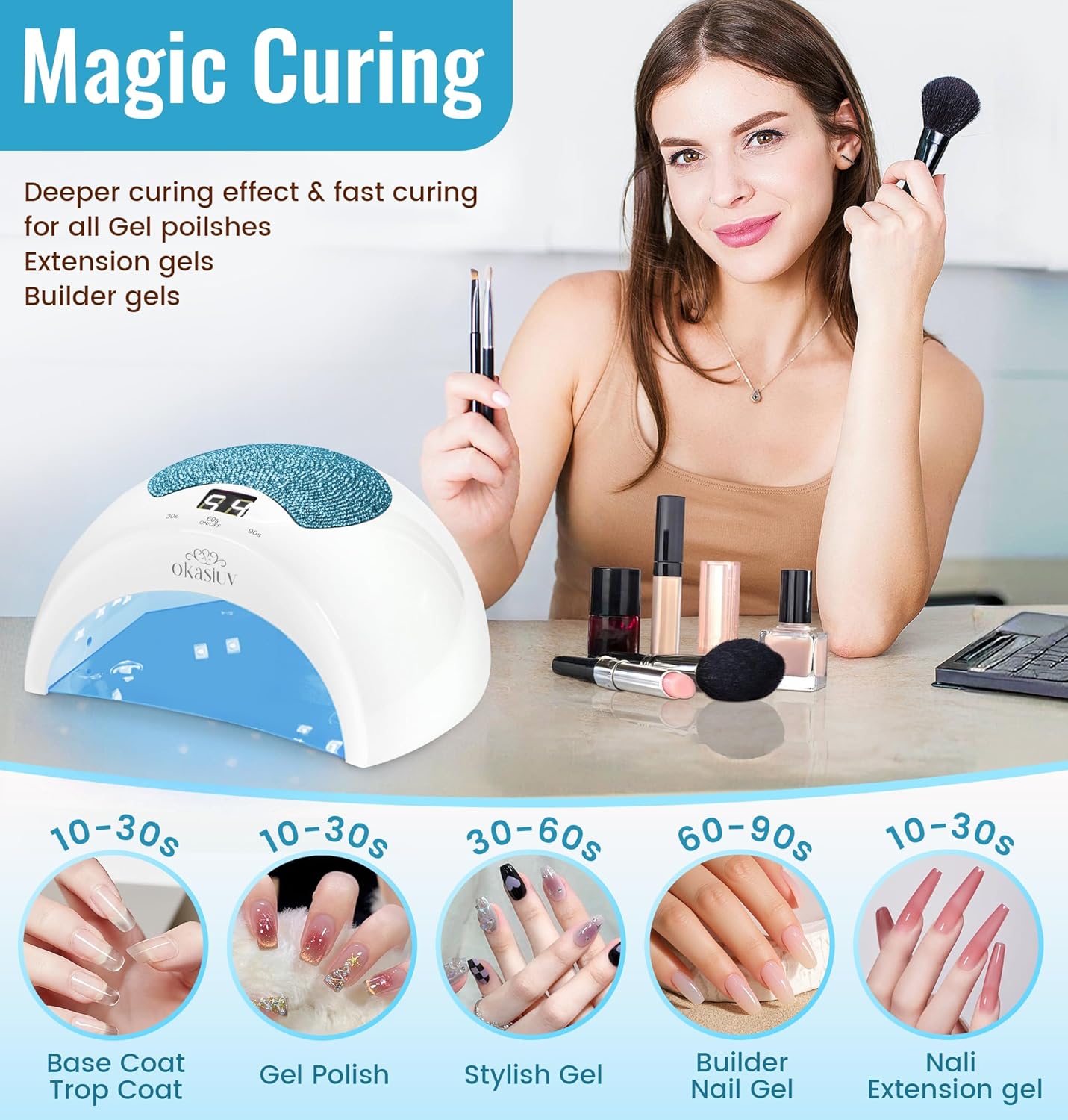 Diamond Gel Nail Lamp - Rechargeable UV LED, Touch Control, 3 Speed Settings, Fast Drying for All Gel Polishes, Compact Design (Sky Blue)