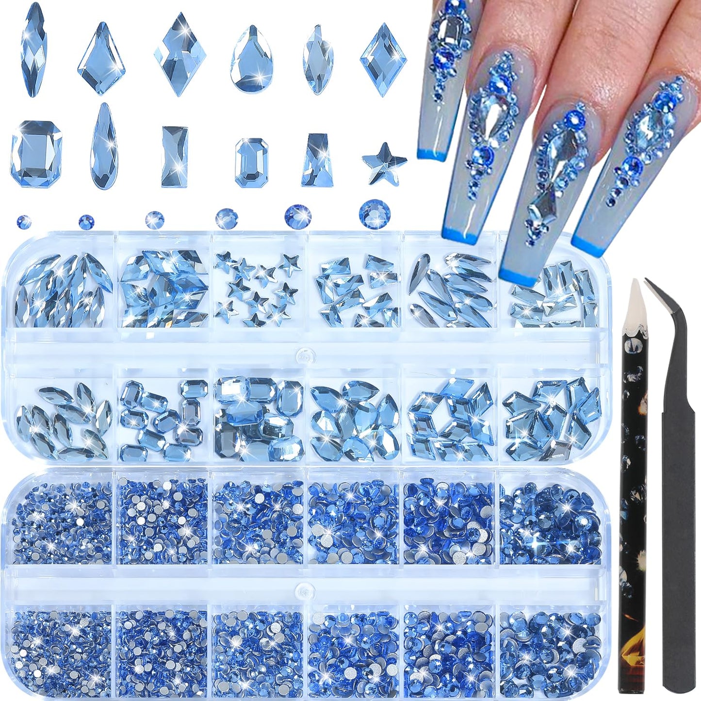 HNUIX Nail Rhinestones - 3D Multi Shape Size Crystal, Light Blue Nail Gems, Flat Back, with Kit, for Nail Art, DIY Decorations