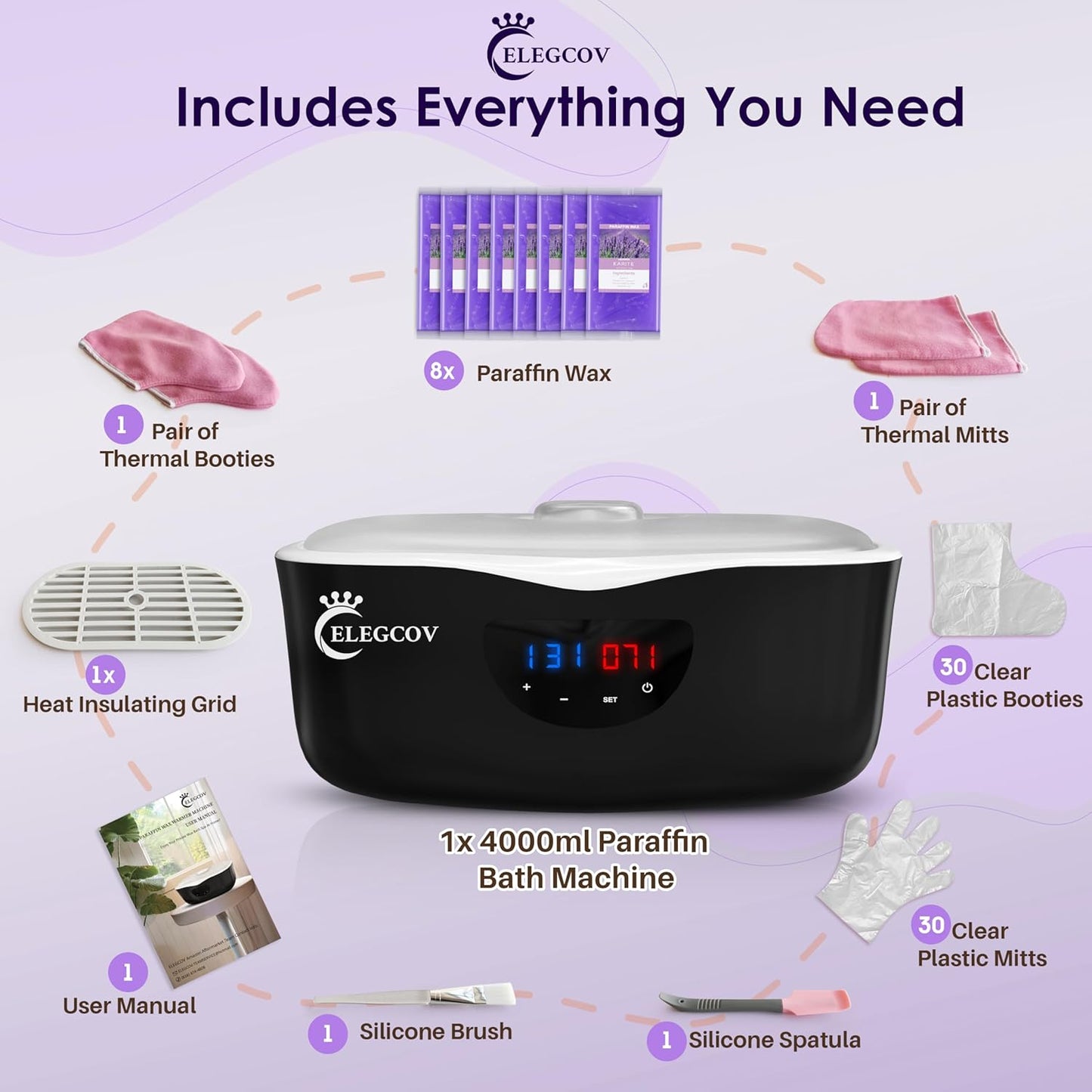 Paraffin Wax Machine for Hand and Feet - ELEGCOV Paraffin Wax Warmer with 8 Packs Lavender Bath Wax Refills Kit，Hand and Foot Moisturizing Care Kit, 4000ml Fast Meltdown Parafin Hot Wax Machine