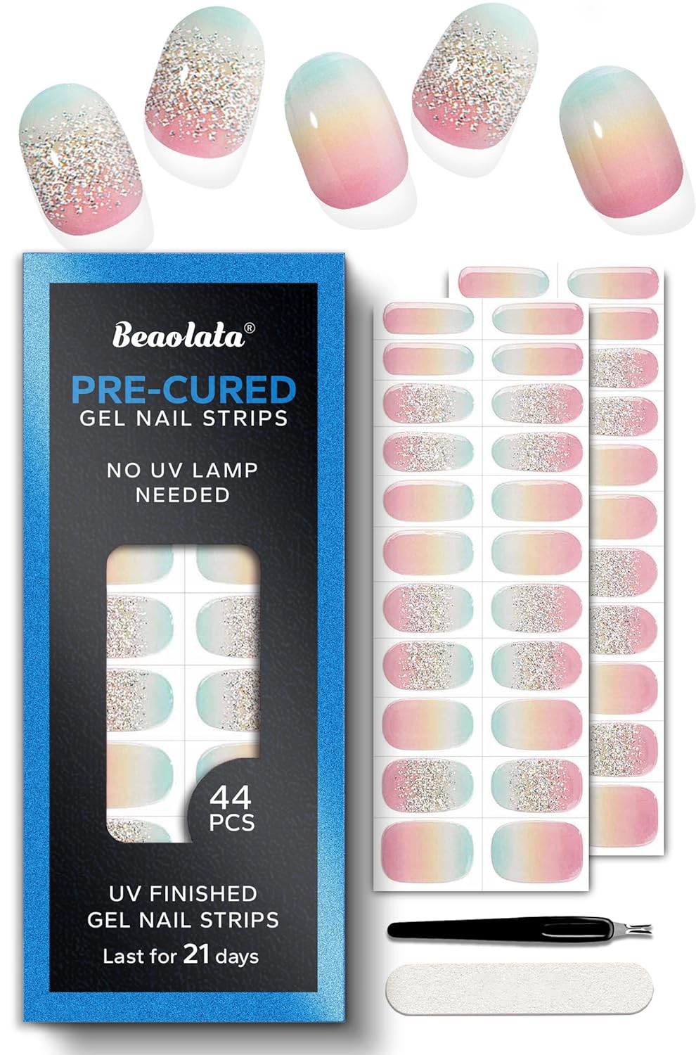 Pre Cured Gel Nail Strips - 44PCS Salon Quality Gel Nail Stickers - Long Lasting Polish Wraps for Women no UV Light Needed Easy Apply& Remove (Rainbow Pink Glow）