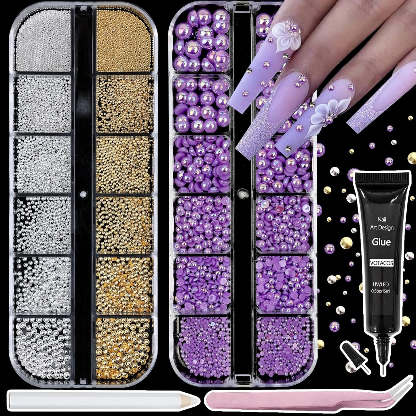 Nail Art Pearls with Rhinestones Glue Gel Flatback Pearls Nail Charms Luxurious Nails Supplies Accessories Gold Silver Gems Jewelry Pearl for Women Nails Design(Purple)