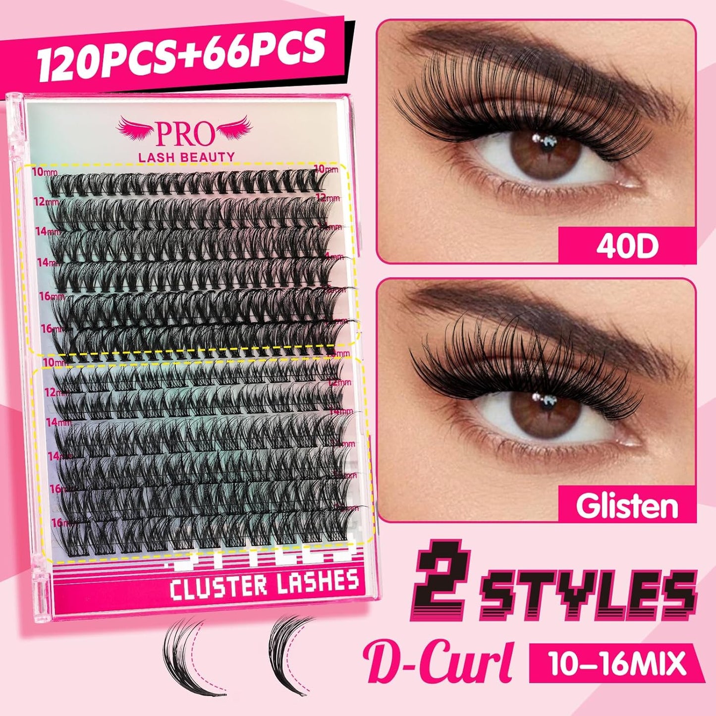 186Pcs Lash Extension Kit 2 Styles Individual Eyelash Extension Lash Clusters with Lash Bond and Seal Lash Remover Lash Applicator Individual Lashes Kit Eyelash Brush (40D+Glisten-10-16mix Kit)