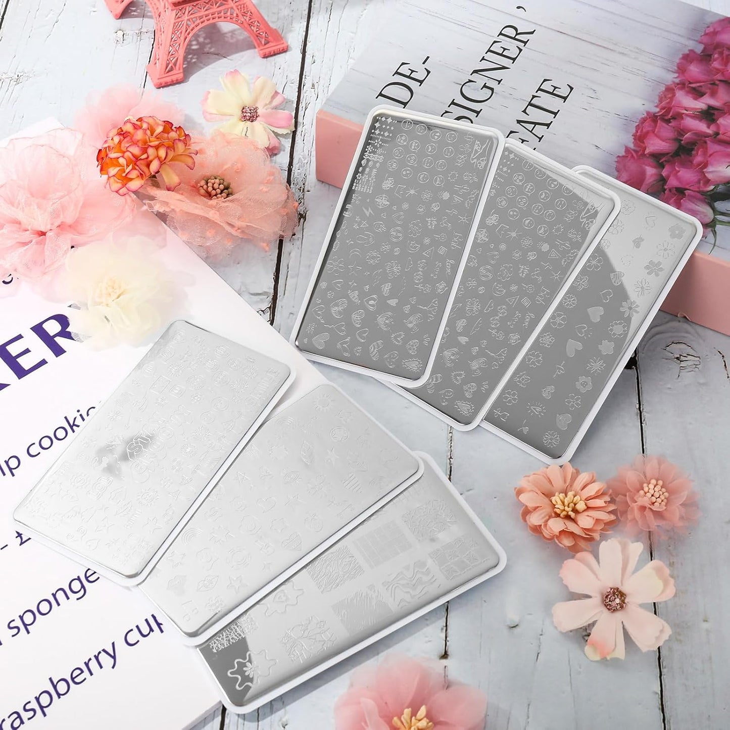 Whaline 6Pcs Preppy Nail Plates Stamping Set Heart Flower Butterfly Star Smiling Stamp Templates Groovy Nail Art Plates for DIY Print Manicure Salon Design Gift