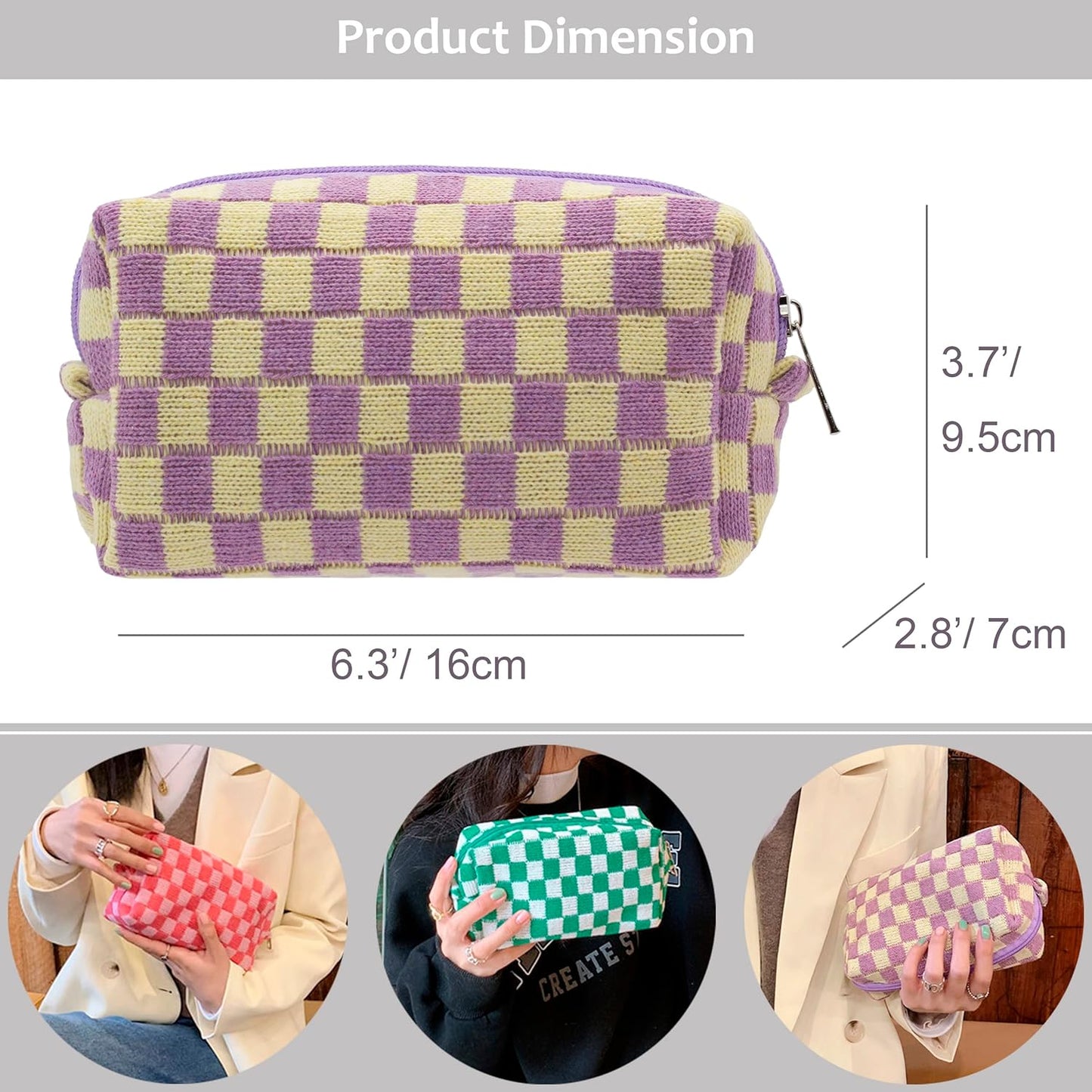 PAZIMIIK Checkered Makeup Bag for Purse Portable Zipper Make Up Pouch Small Cosmetic Case for Travel Accessories (2PCS Purple)