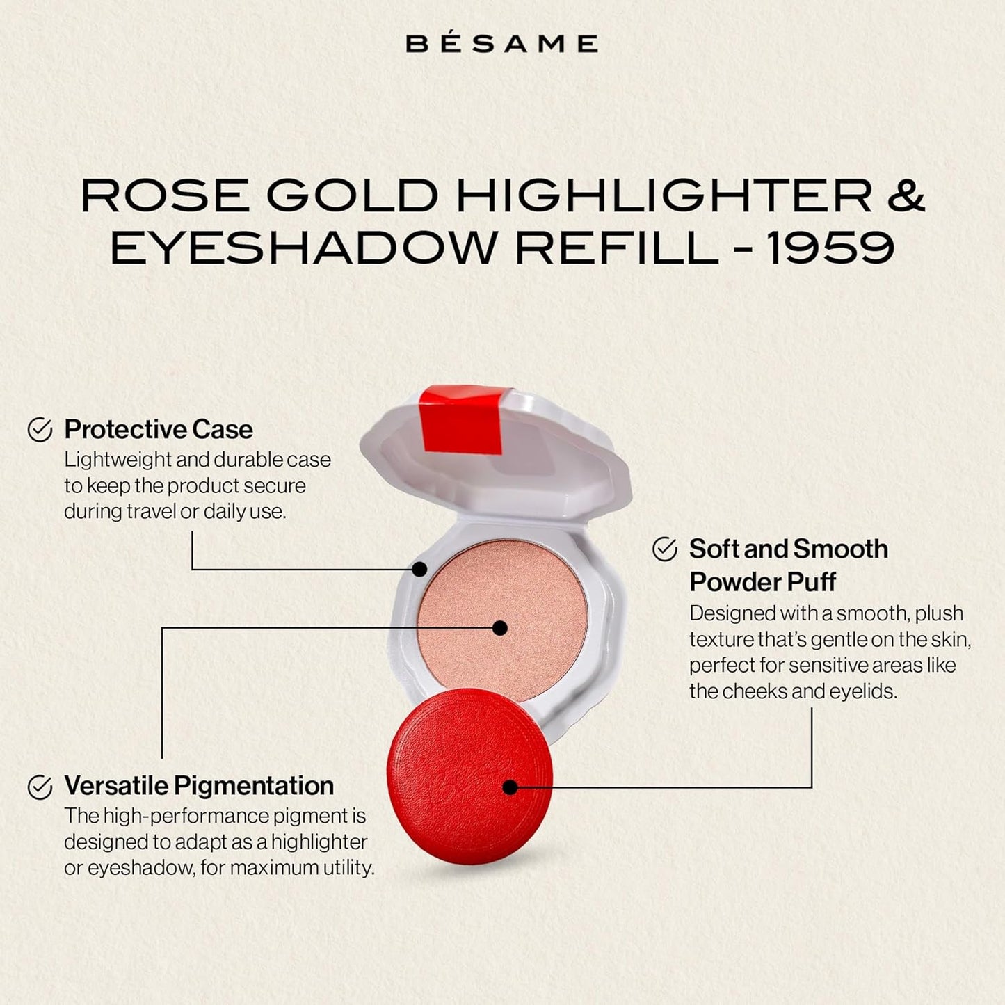 Besame Rose Gold Powder Blush & Eyeshadow 1959 Refill | Fits Signature Compacts Post-2019 | Sunkissed Pink-Gold | Vintage Inspired | 2-In-1 Cheek & Eyelid Highlighter | Sustainable Beauty Routine