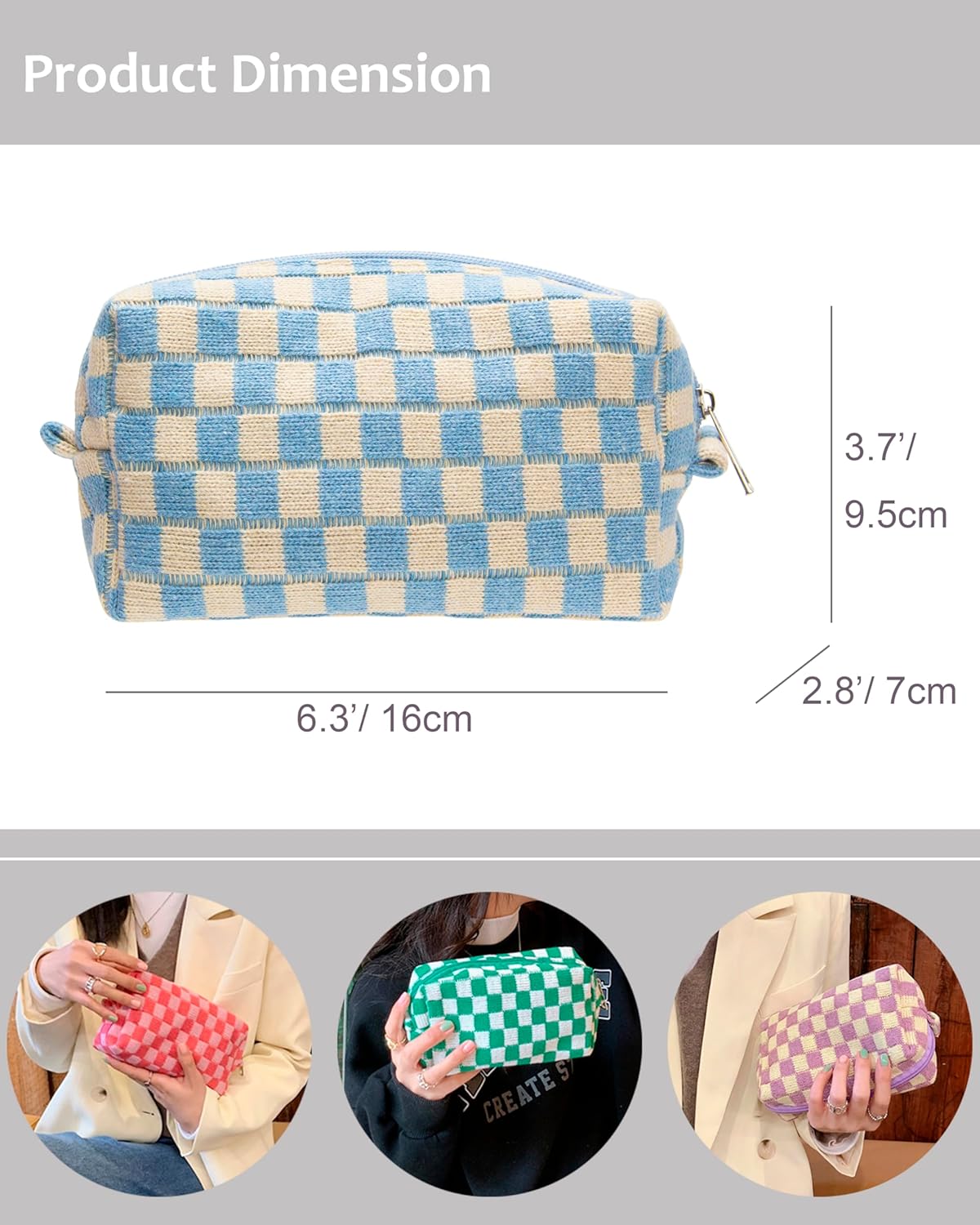 PAZIMIIK Checkered Makeup Bag for Purse Portable Zipper Make Up Pouch Small Cosmetic Case for Travel Accessories Blue Beige