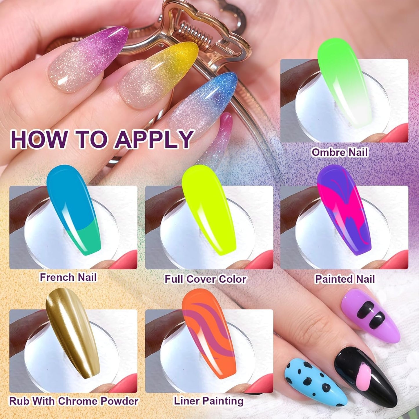 Gradient Painting Gel, Bright Neon Color for Ombre Fluorescent Jelly Nail Polish Platte Kit with 100pcs Sponges&Tweezers for Pat Nails Aura Nails, French Manicure Palette Cyber Gelight