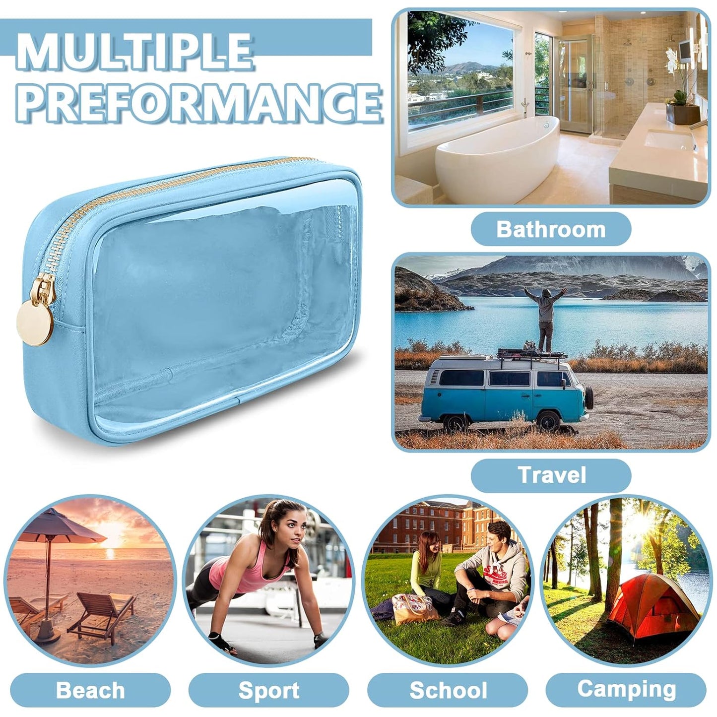 Clear Small Makeup Bag with Zipper, Nylon&PVC Cosmetic Travel Bag Preppy TSA Approved Toiletry Bag for Women Girls, Transparent Waterproof Makeup Pouches Cute Travel Bag for Purse(Small-Blue)