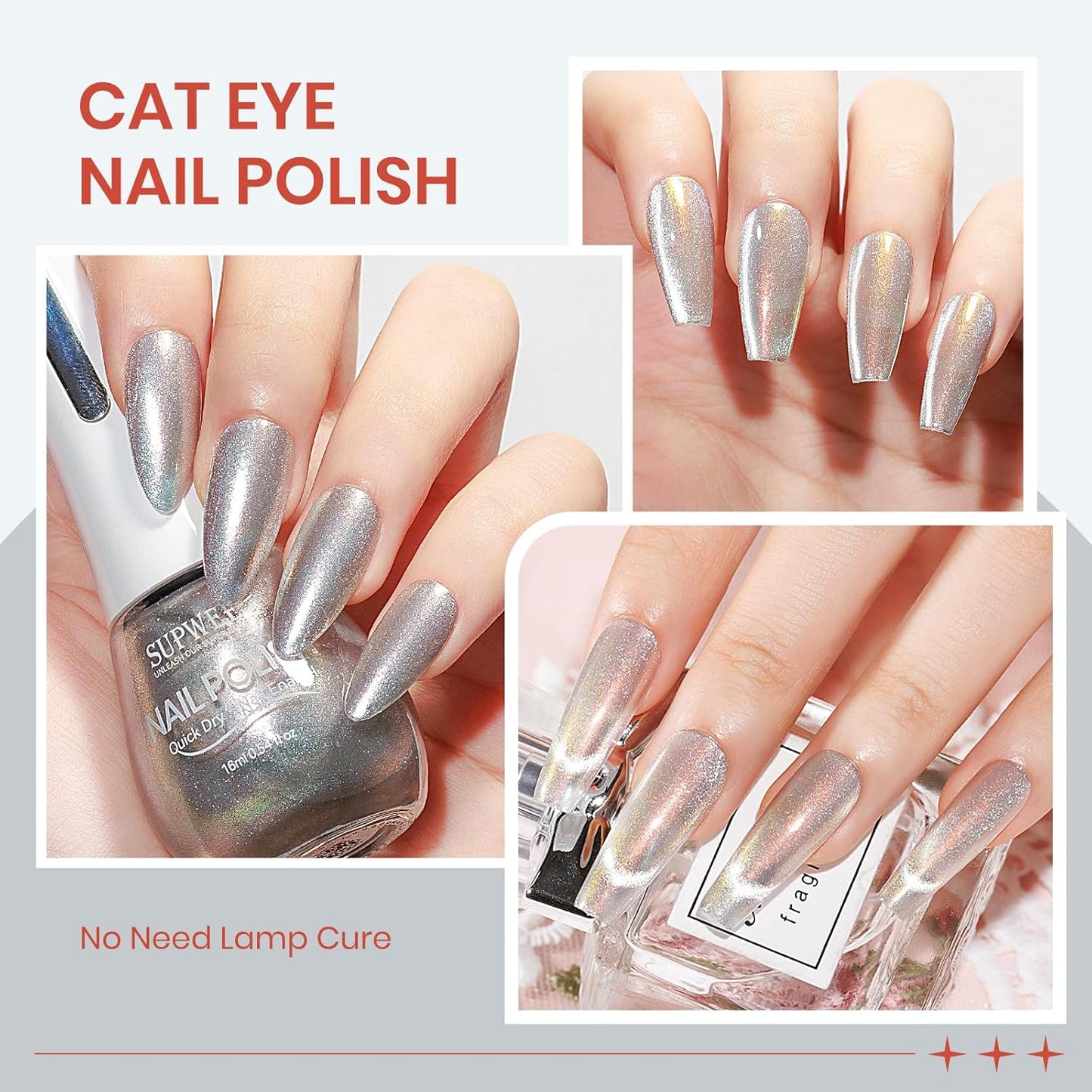 Aurora Silver Magnetic Nail Polish Non Gel with Magnet Quick Dry Cat Eye Nail Polish for Fingernail Air Drying Fast Lacquer Manicure Gift For Women Girls 16ml, 0.54fl oz