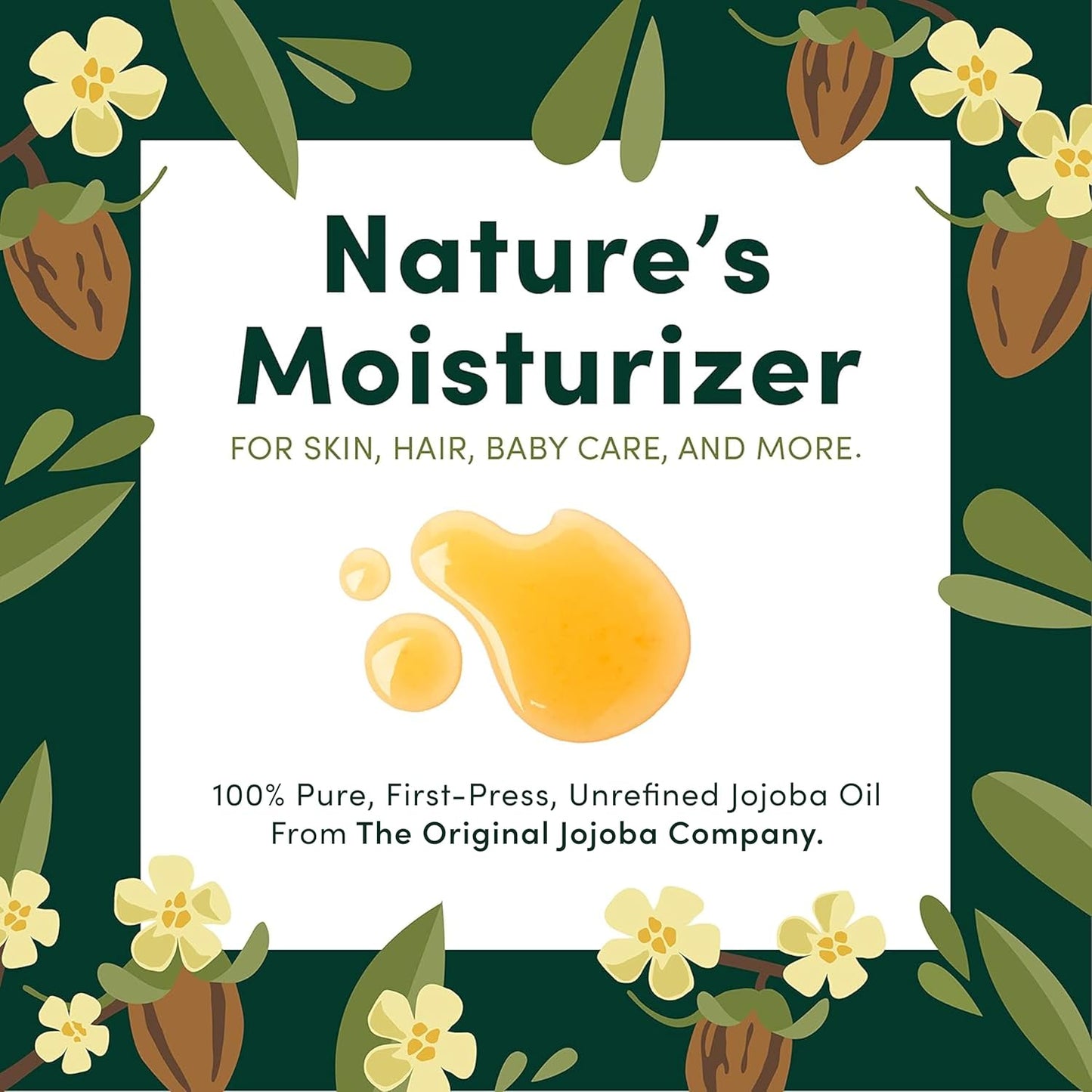 HobaCare Unrefined Jojoba Oil for Skin Care, Hair, Beard Conditioning, Scalp Massage - 100% Pure Carrier Oil for Perfume or Soap Making - Natural, Vegan, Hexane Free, Long Shelf Life (32 oz)