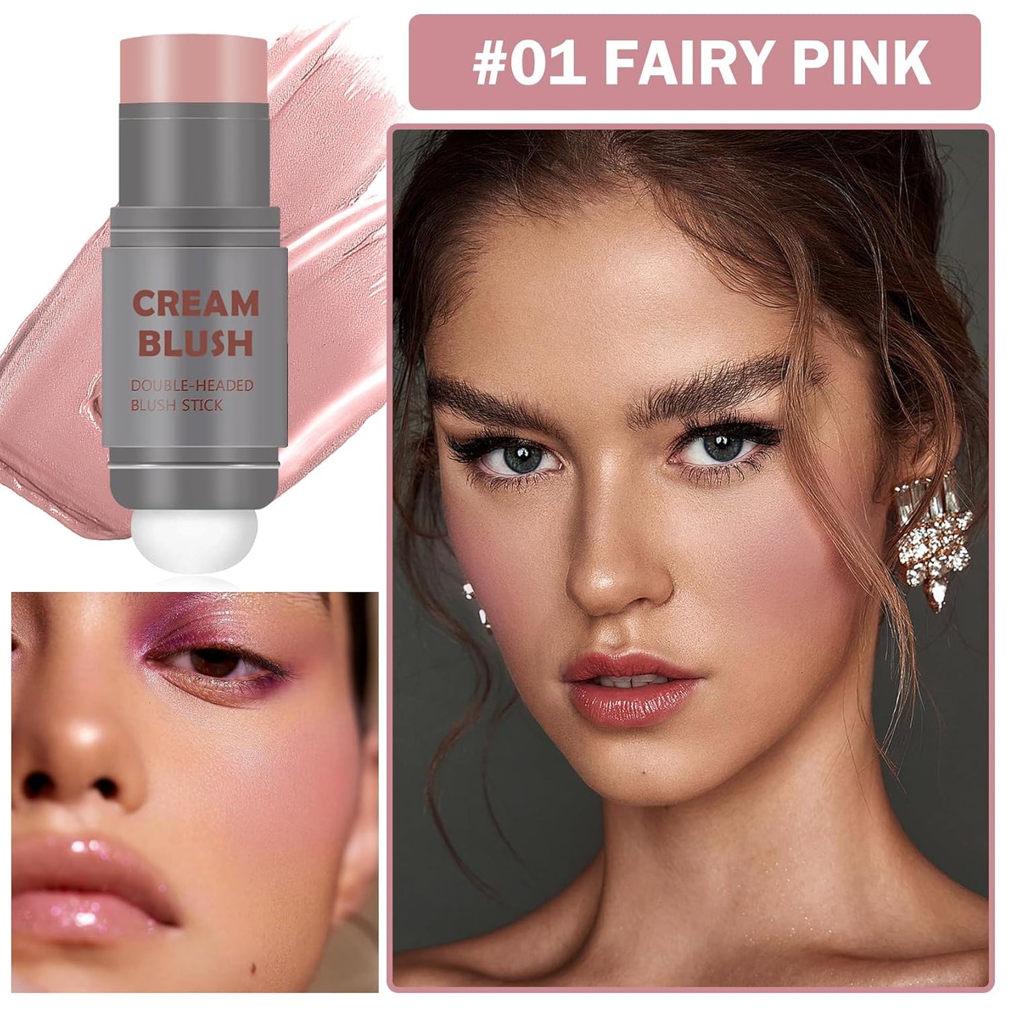 Cream Blush Stick with Sponge 3 in 1 Multi-Use Blush Makeup Stick Long Lasting Waterproof Natural Matte Cream Blush Stick for Cheeks, Lips and Eyes - Fairy Pink