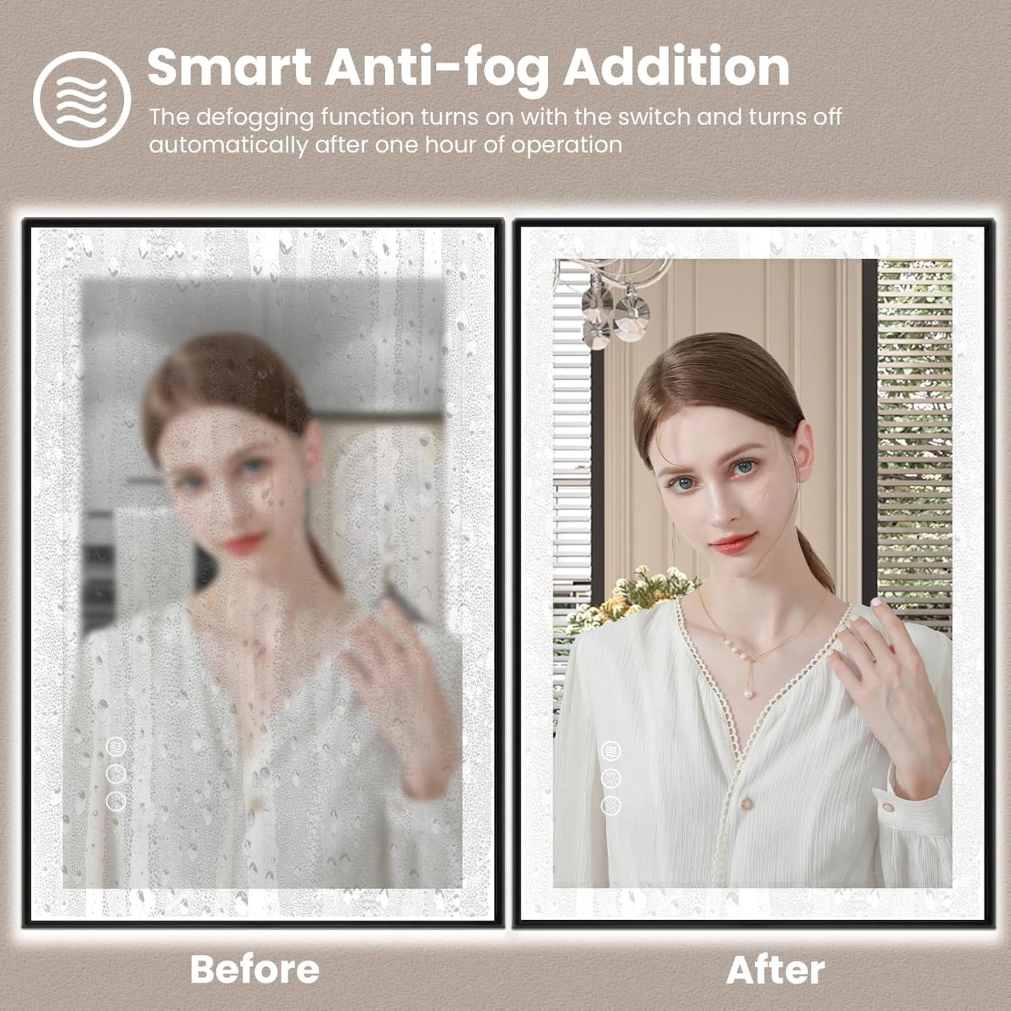 Amorho 28"x 32" LED Bathroom Mirror with Black Frame, Front Light and Backlit(Controlled Separately), Stepless Dimmable, Anti-Fog, Shatter-Proof, 3 Colors, Memory