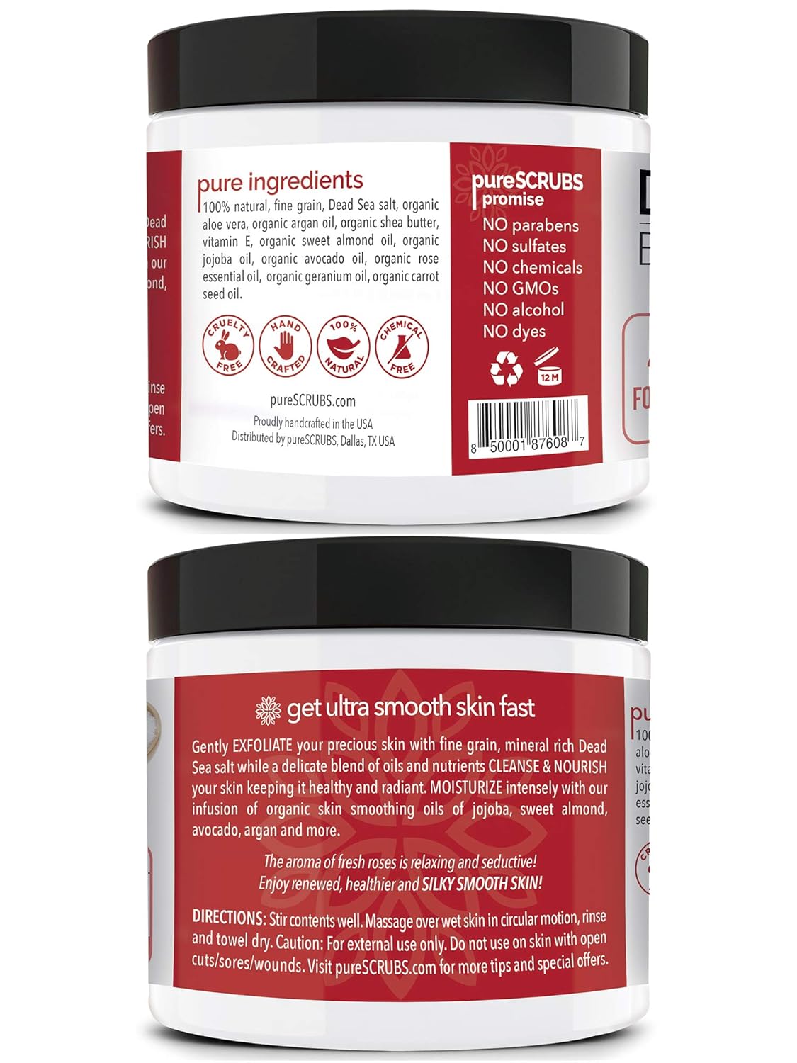 pureSCRUBS Premium Rose Body Scrub Set - Large 16oz Dead Sea Salt Body Scrub With Infused Essential Oils & Nutrients, Includes Wooden Spoon, Loofah & Oatmeal Exfoliating Bar Soap