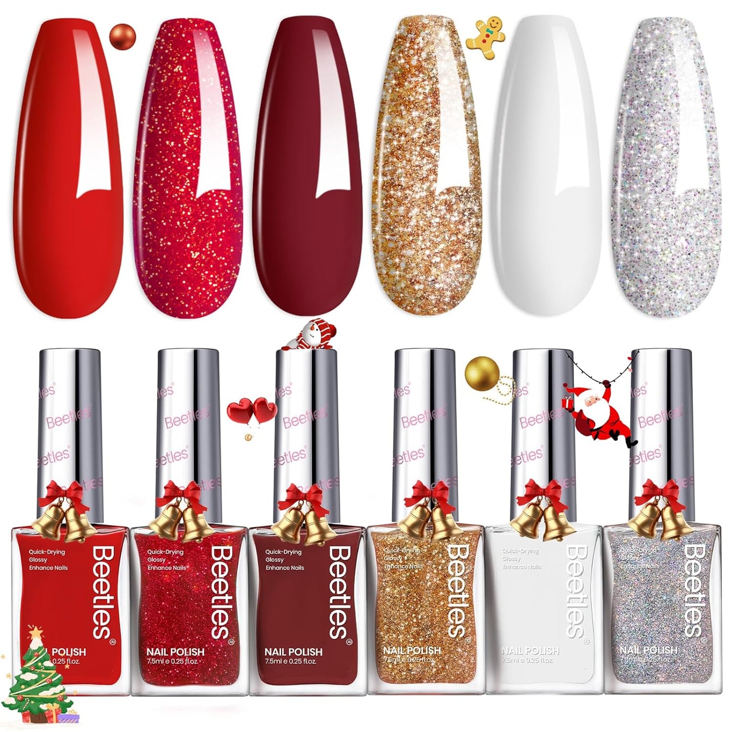 Beetles Red Nail Polish: 6Pcs Glitter Burgundy Red Sparkle Nail Polish Set, Quick Dry & Long Lasting Brilliant Overture White Silver Diy 4th of July Nail Art Design Gifts for Women