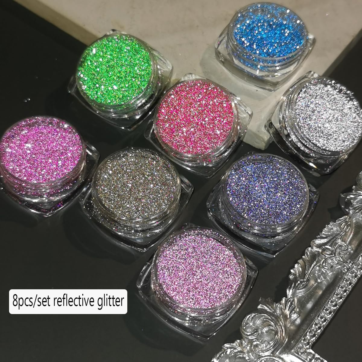 Reflective Glitter Powder Set, 8 Colors Sparkle Diamond Nail Glitter Dust, Silver Pink Purple Green Loose Glitter for Nails, Shiny Sugar Nail Powder Dipping Pigment, Nail Supplies