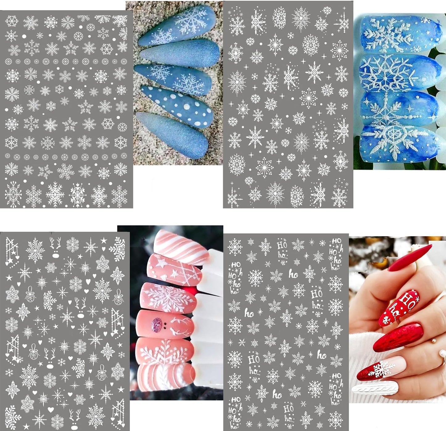 HNUIX Nail Stickers - 3D Snowflake, Self Adhesive Nail Decals, Multi Pattern, 8 Sheets, for Nail Art