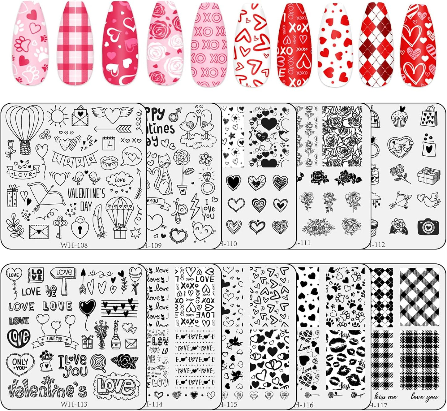 Whaline 10Pcs Valentine's Day Nail Art Stamping Plate Kit Romantic Love Heart Rose Design Nair Art Plate for Wedding Anniversary DIY Print Manicure Salon