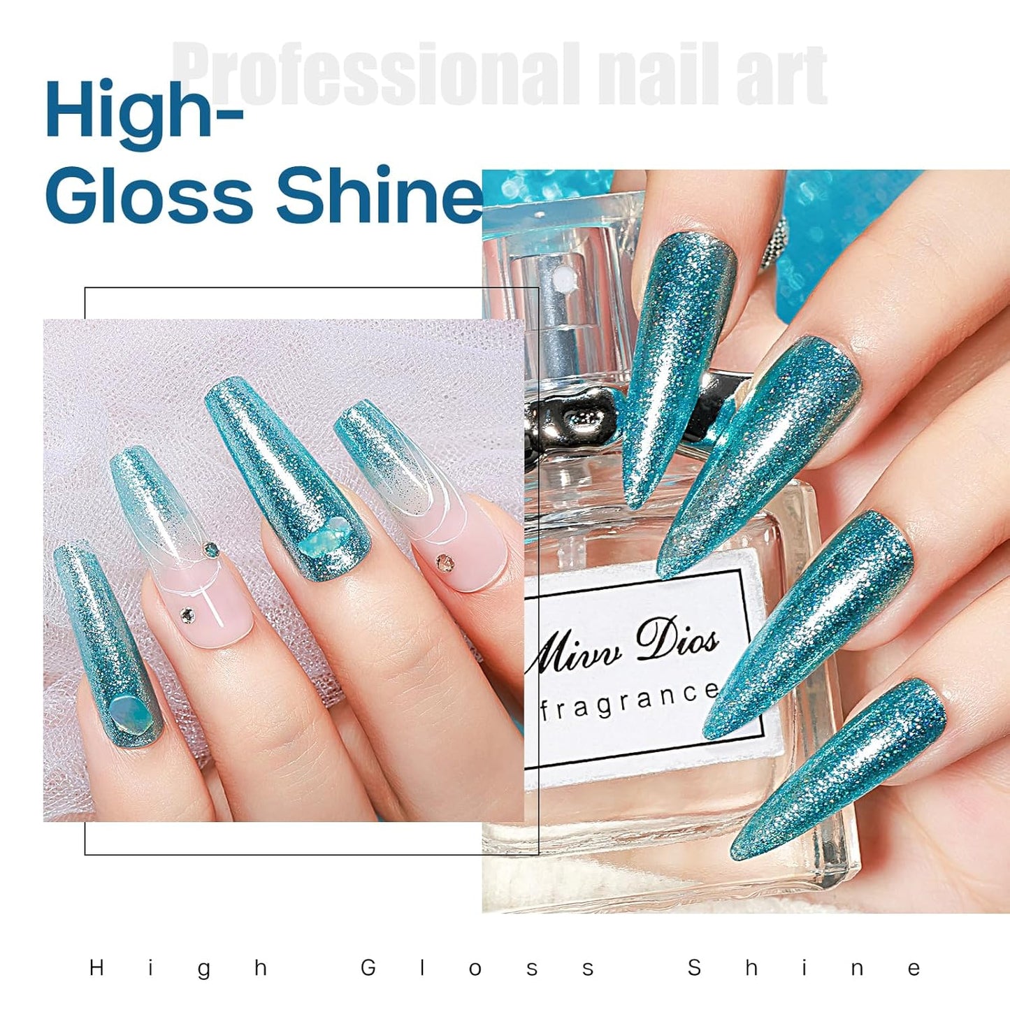 MIZHSE Quick Dry Glitter Blue Nail Polish, Fast Drying Nail Polish, 15ml High Glossy Sparkly Shiny Shimmer Nail Lacquer Nail Art Salon Manicure Home