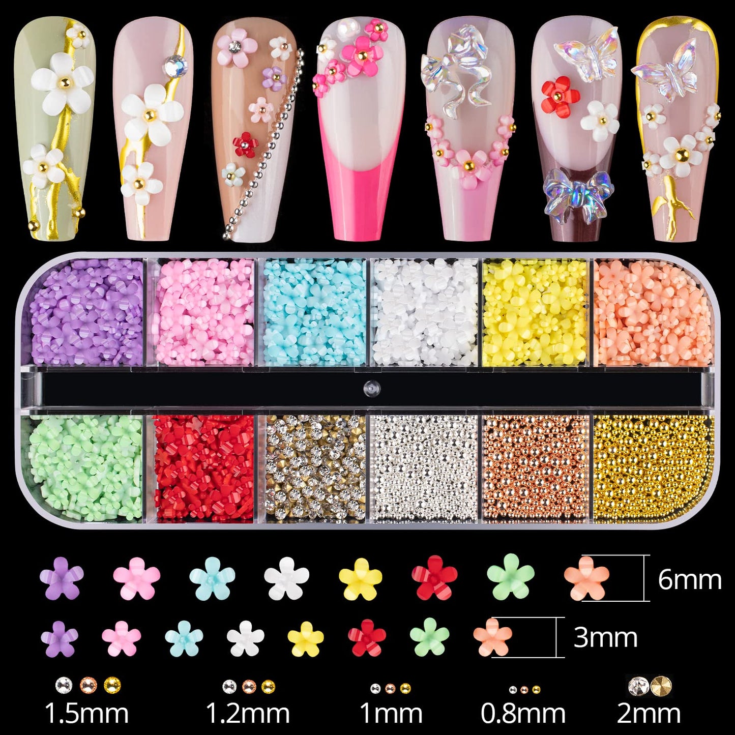 Mixed 3D Nail Art Gem Decoration Accessories Kit #3, Butterfly Starry AB Rhinestone Charm Jewelry for Deco, Pearl Flower Caviar Bead Stone Crystal with Dual-End Brush and Tweezer