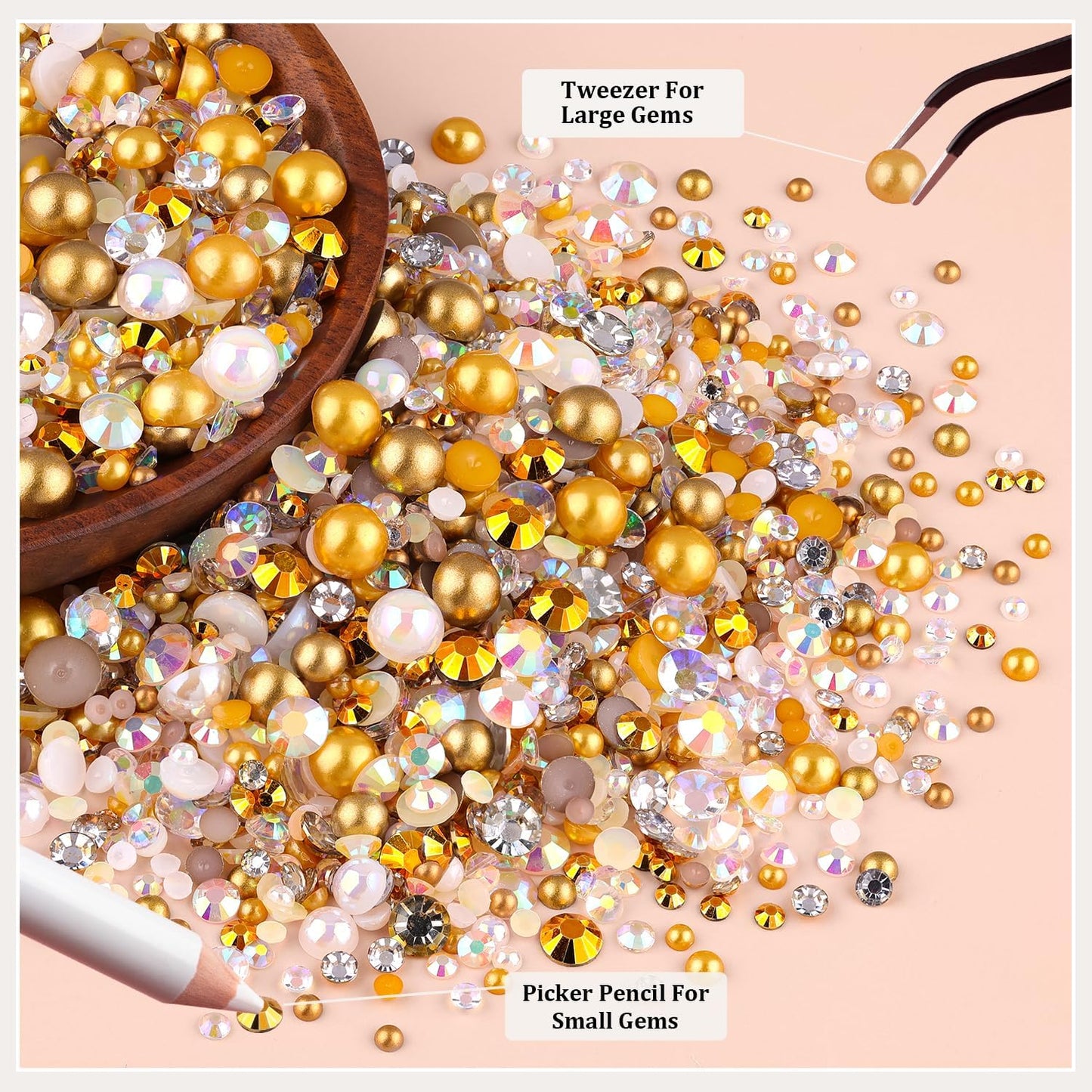 9000PCS Flatback Pearls and Rhinestones for Crafting, White Brown Mixed Size 3-10mm Resin Rhinestones and Half Pearls for Bedazzling, Nail Art and Decoration with Tweezer and Pickup Pencil