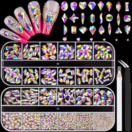 1680Pcs AB Glass Nail Rhinestones 180Pcs Multi Shapes Flatback Nail Gems + 1500Pcs 1.5-4mm Round Crystal, Manicure Nail Charms Diamond Gemstones for Acrylic Nails Decoration