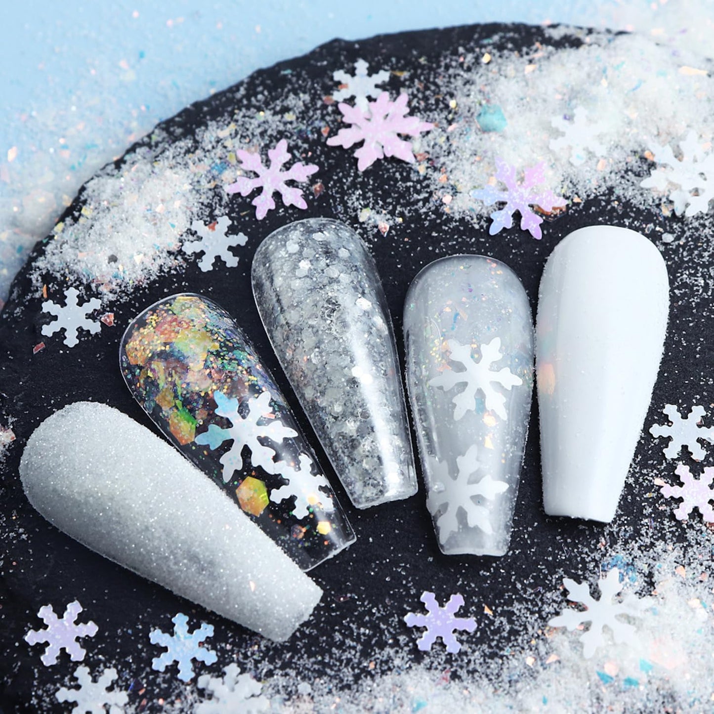 Snowflake Nail Art Glitter White Blue Winter Nail Sequins Flakes, White Manicure fine Glitter Powder, 3D Holographic Round Hexagon Nail Stickers Decals Supplies Nail Charms for Women 6 Box