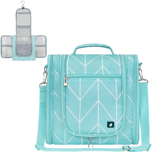 PAVILIA Extra Large Toiletry Bag Travel Bag for Women Men, Hanging Cosmetic Organizer, Water Resistant Makeup Bag for Accessories Toiletries, Travel Essentials Kit (Teal Chevron)