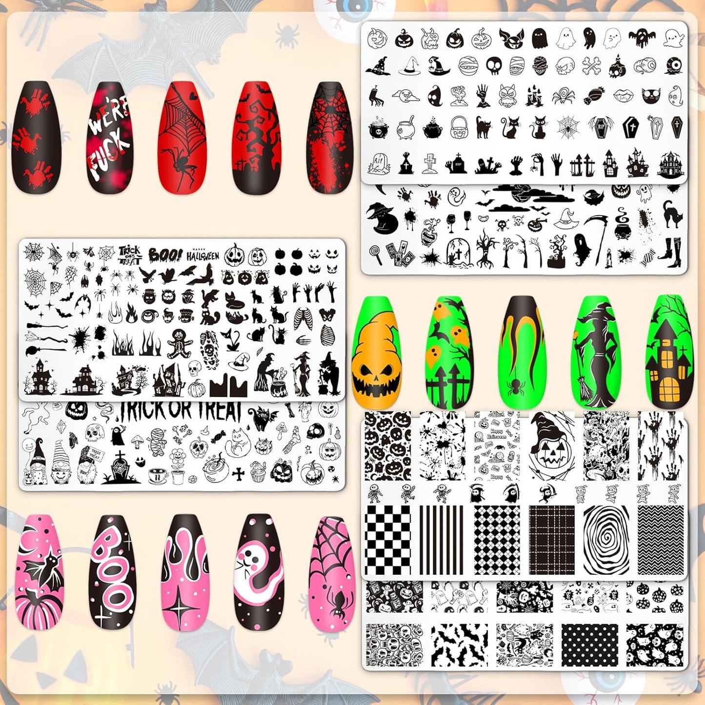 Whaline 6Pcs Halloween Nail Plates Stamping Set Pumpkin Ghost Bat Witch Stamp Templates Nail Art Plates for Trick or Treat Party DIY Print Manicure Salon Design