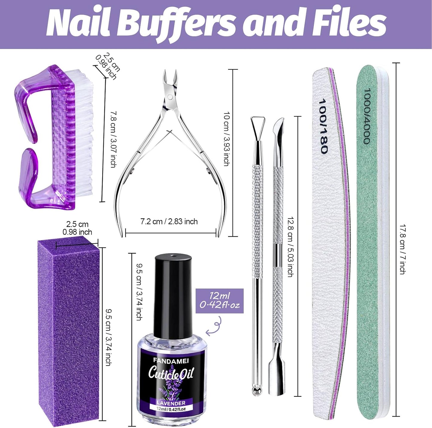 FANDAMEI Nail Files and Buffers, Nail Cuticle Remover Kit with Nail File, Nail Buffer, Nail Buffer Block, Cuticle Nipper, Cuticle Pusher, Cuticle Peeler. Nail Cuticle Oil Lavender for Nail Care