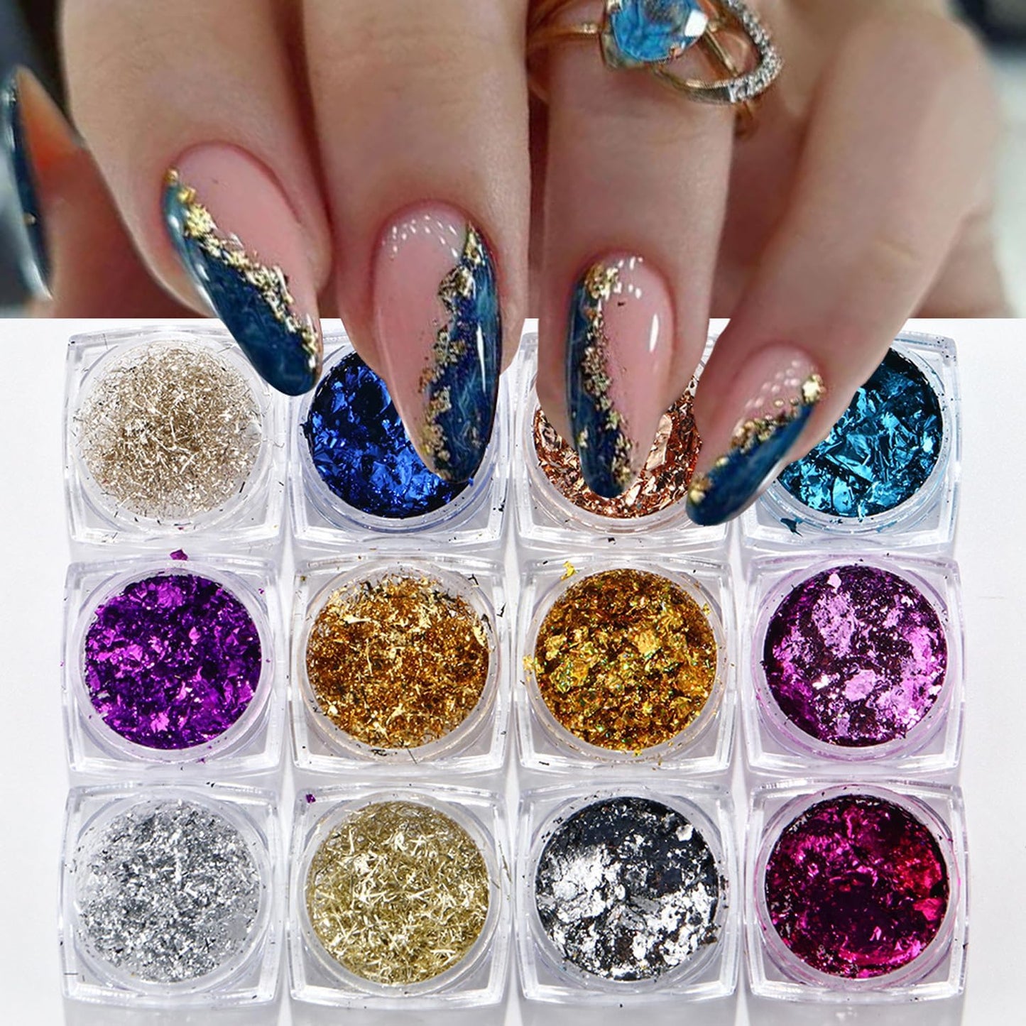 Holographic Nail Glitter Foils for Kit,12 Colors Sparkly Ultra-Thin Aluminum Foil Nail Art Flakes Design, Shiny Irregular Gold Sliver Foil Nail Sequins for Women DIY Manicure Tips Charms Decorations
