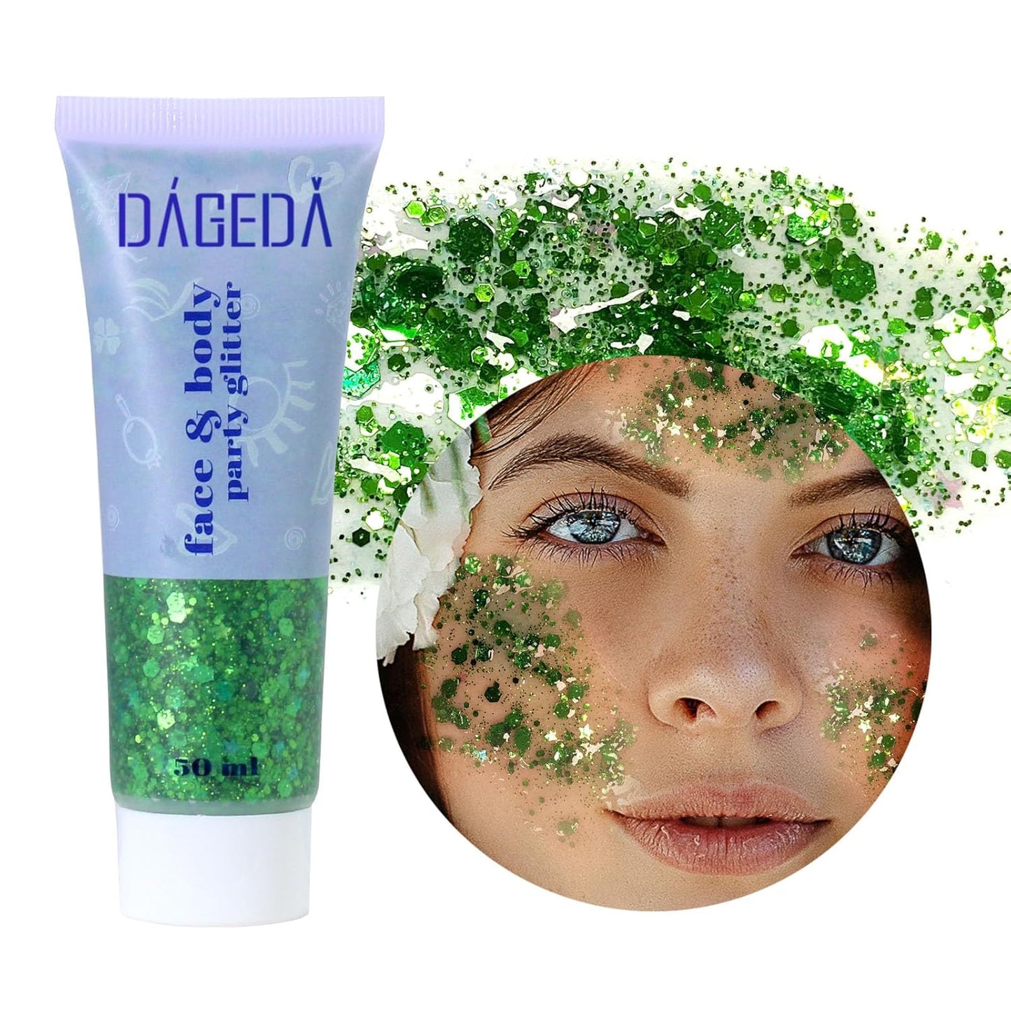 DAGEDA Green Body Glitter Gel, St Patricks Day Face Glitters Body Sequins Shimmer, Chunky Glitter for Face Hair Nails, Mardi Gras Decorations Festival Glitter Makeup 50ml