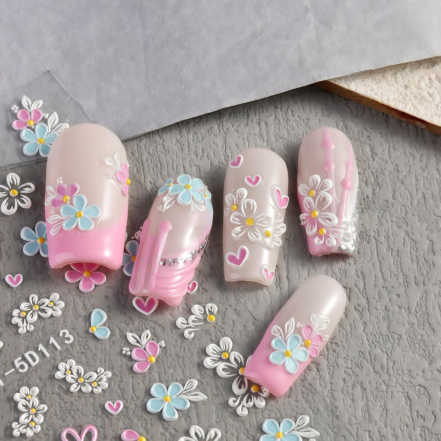 Flower Nail Stickers Decals for Women Girls, 4 Sheets 5D Self-Adhesive Embossed Flower Designs, Semi-Glossy Irregular Fantasy Floral Decals, Spring Summer Nail Accessories
