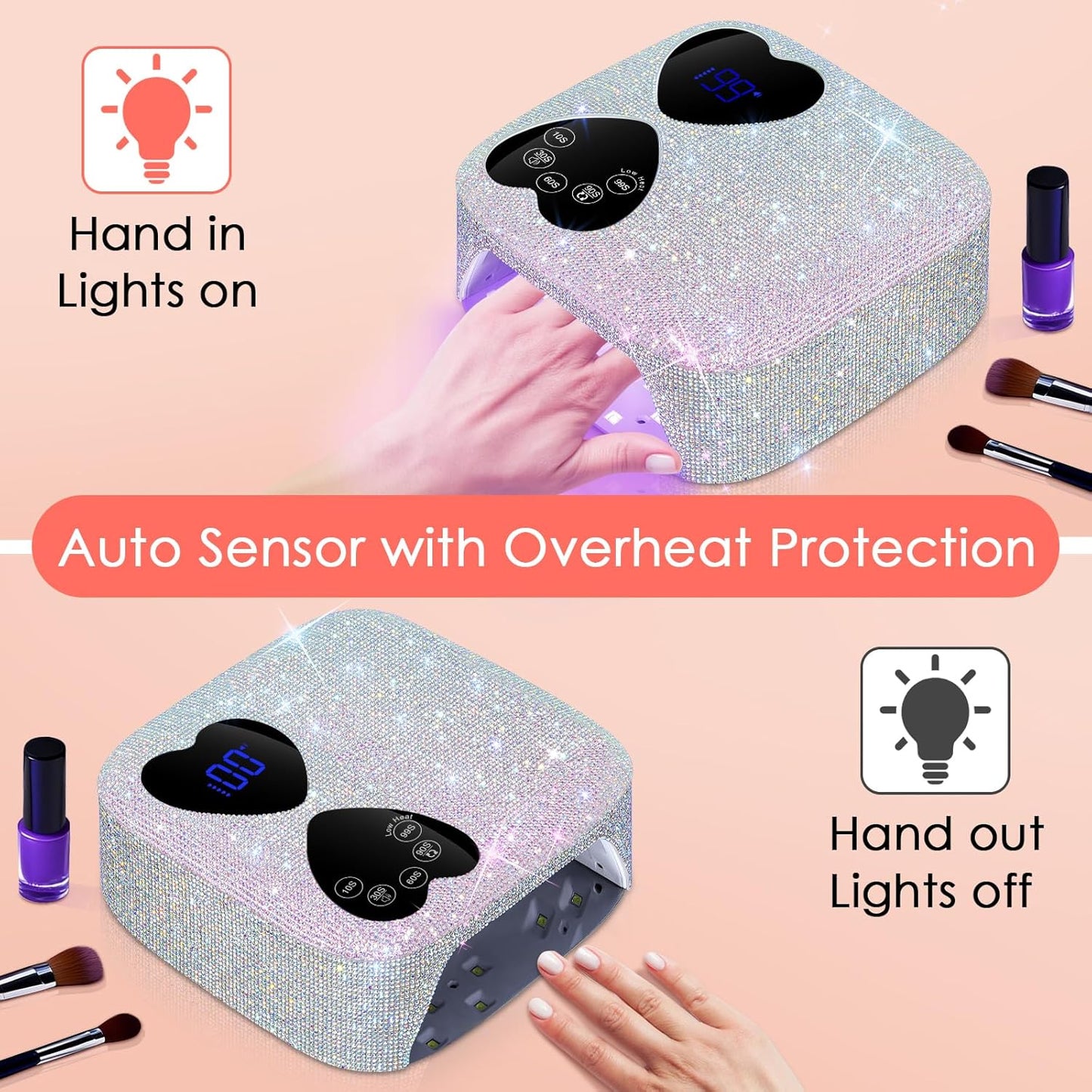 UV LED Nail Lamp Cordless, HUITINE 80W Rechargeable UV Light for Gel Nails, Professional Gel Light Dryer with 5 Timers & Mirror Base, Sparkling Rhinestones Diamond Curing Lamp for Salon & Home