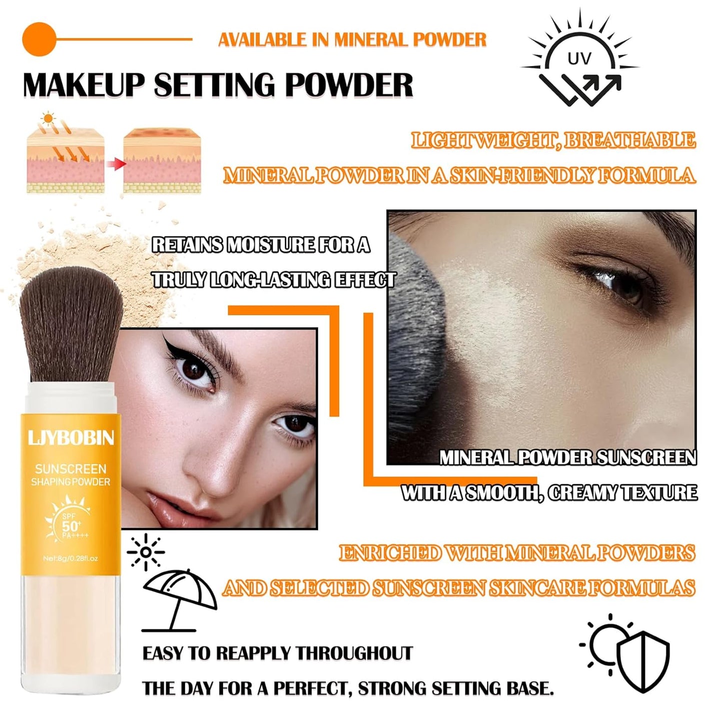 2 Pcs Sunscreen Setting Powder,SPF 50+ PA++++,Oil Control Waterproof Mineral Powder Sunscreen,Lightweight Long Lasting Matte Sunscreen Powder with Sunscreen Brush