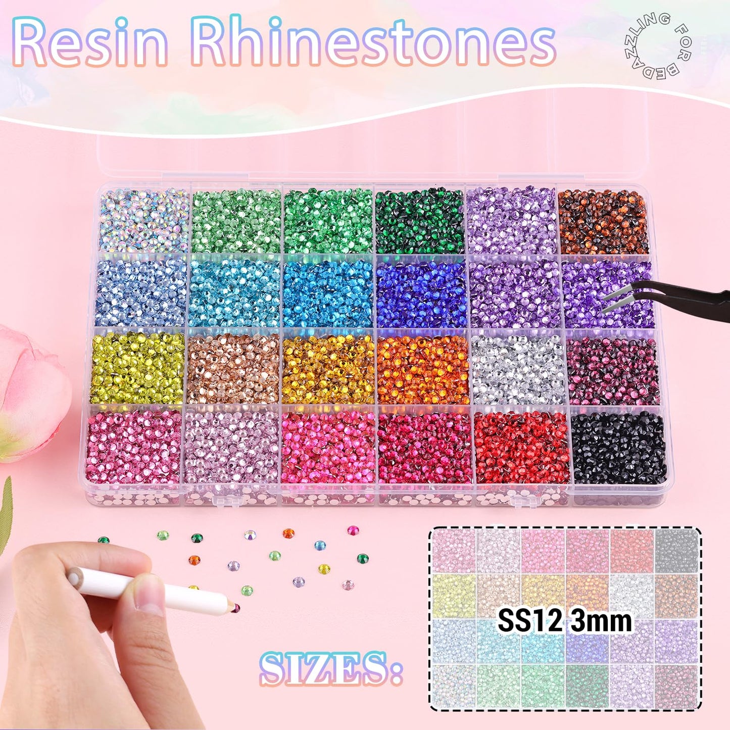 24000Pcs Resin Rhinestones for Bedazzling with 3Pcs B7000 Jewelry Glue, Multicolor 3mm Flatback Gems Rhinestones for Crafting, Clothing Tumblers Mugs Shoes Fabric Decor Nail Art