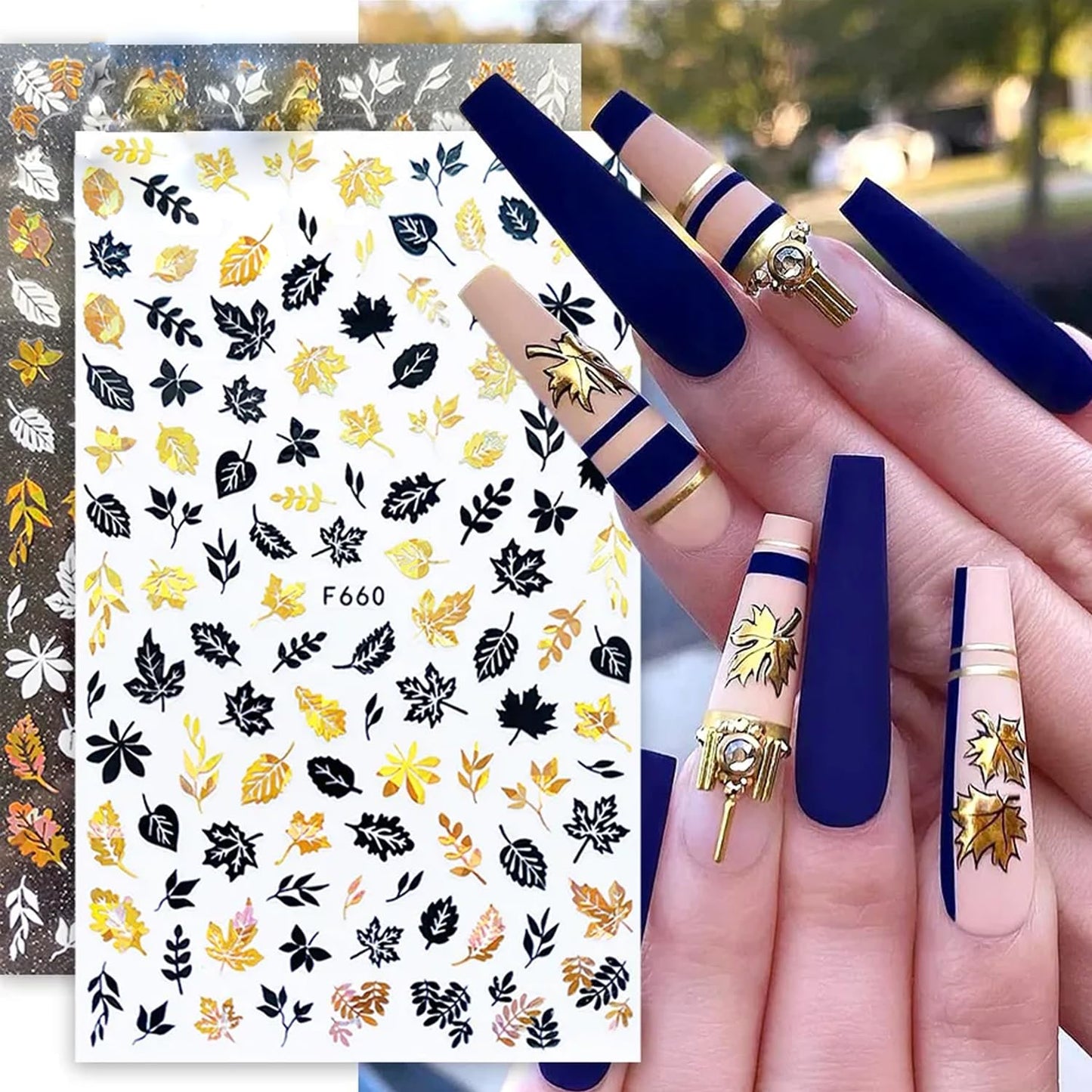 8 Sheets Fall Leaves Nail Art Stickers Gold Maple Leaf Self-Adhesive Nail Decals 3D Stickers Foil Autumn Maple Nail Designs Laser Shiny Manicure Tip Fall Nail Decorations for Thanksgiving Day Supplies