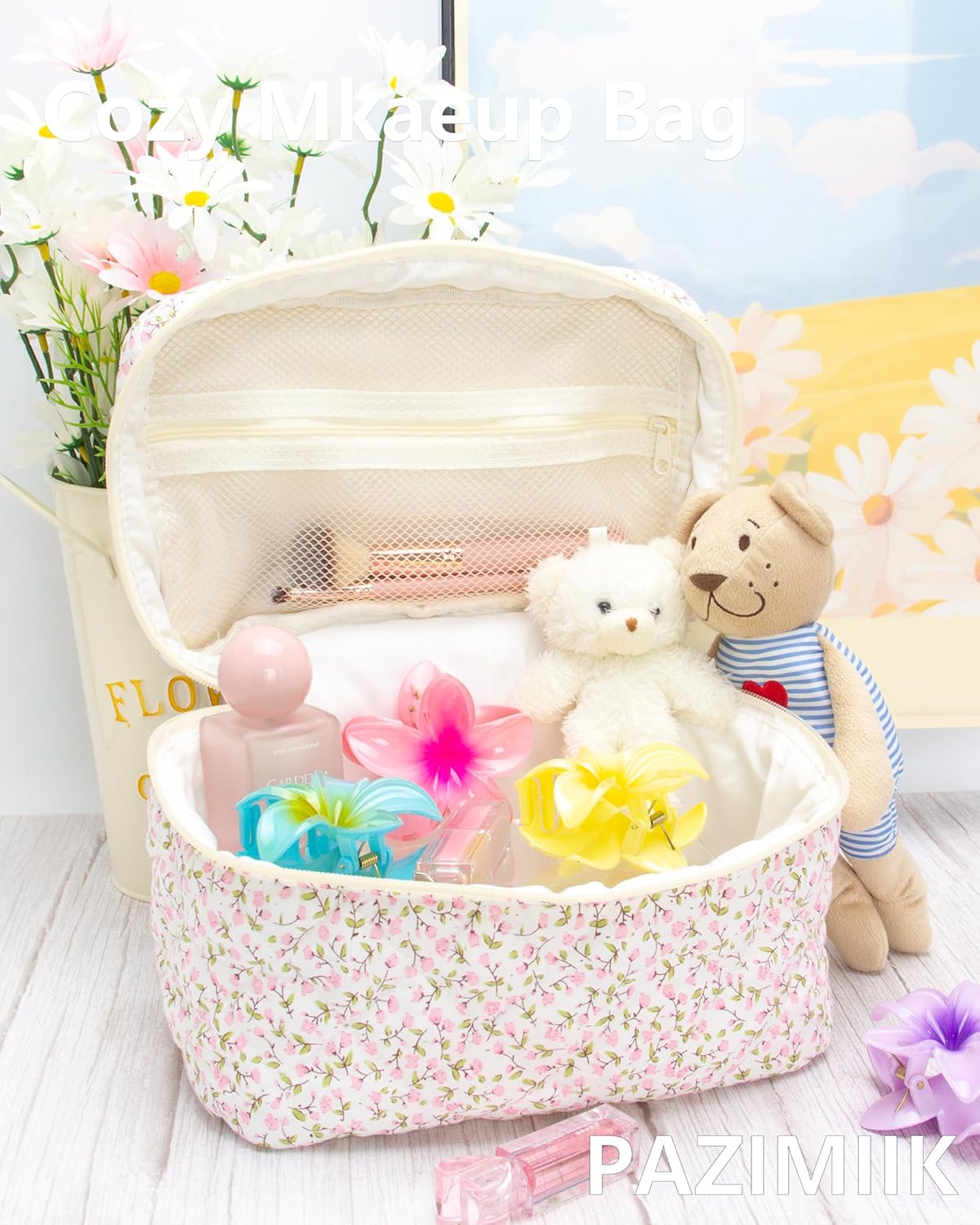 Quilted Makeup Bag Large Travel Zipper Soft Cosmetic Case for Women Girls Make Up,Floral Pink