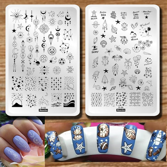 2pcs Sun Moon Star Nail Plates Stamping Set Sea Shell Pattern Stamp Templates Geometry Flowers Nail Art Stamper Plates for DIY Print Manicure Salon Design Gift Supplies 9.5x14.5CM