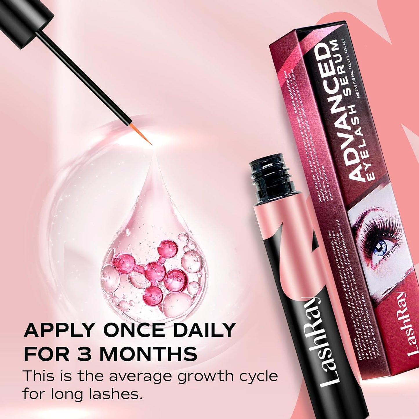 Advanced Lash Serum for Eyelash Growth: LashRay Eye Lash Enhancing Serum to Grow Longer Thicker Eyelashes and Eyebrows for Women, 0.1 oz